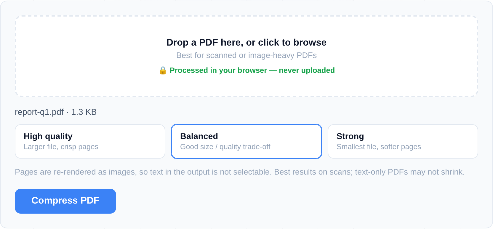 The Compress PDF tool showing High, Balanced, and Strong quality levels to choose from
