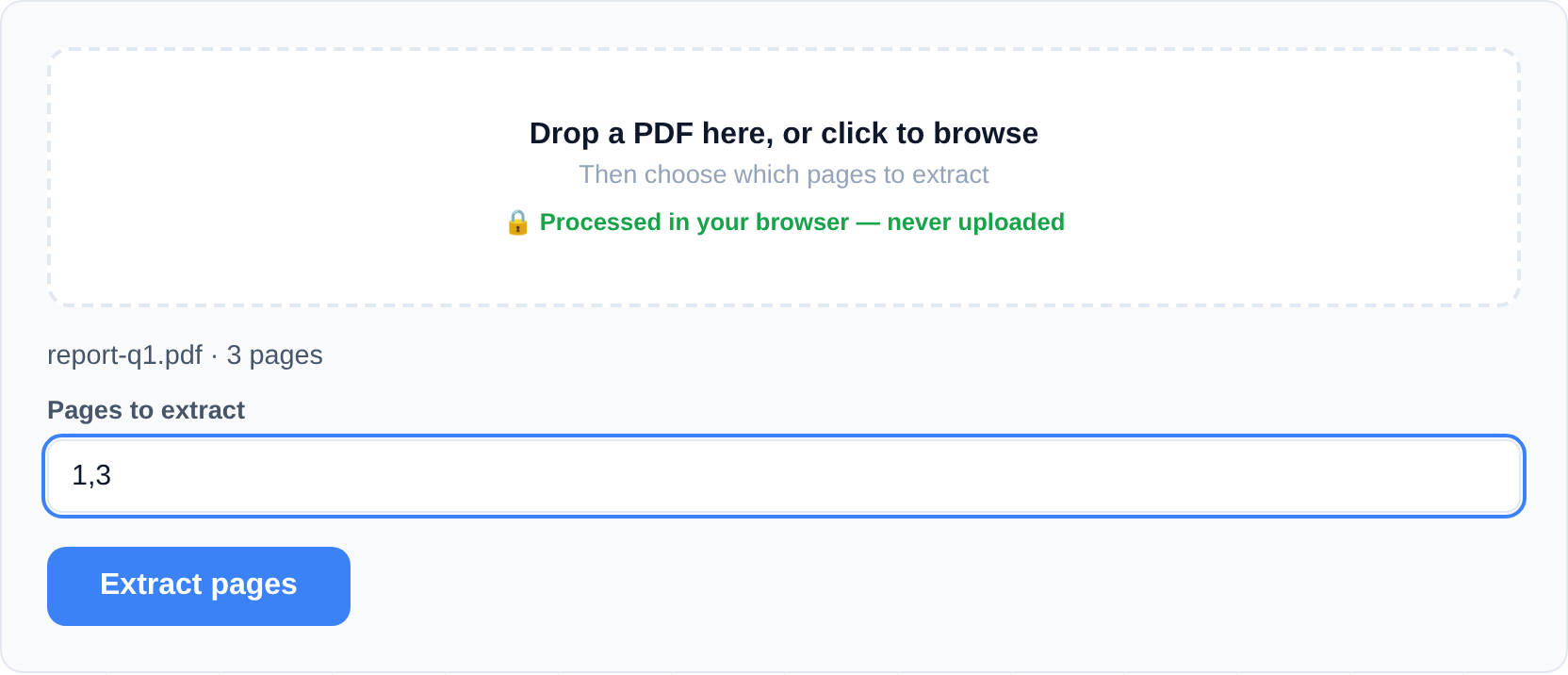 The Split PDF tool showing report-q1.pdf with 3 pages and a "Pages to extract" field filled in with 1,3